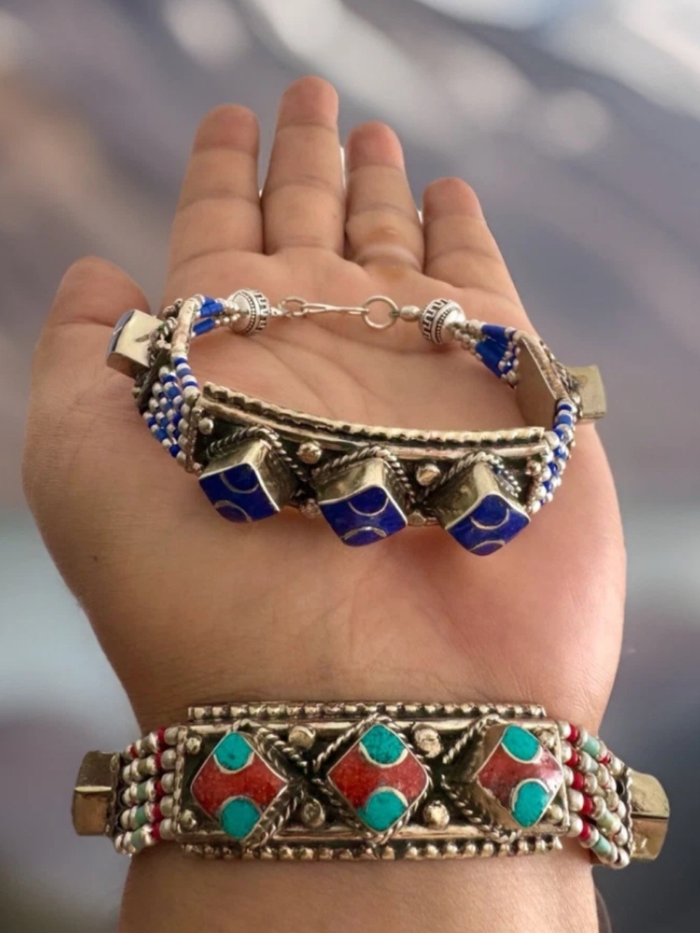 Vintage & Handcrafted Artisan Tribal Bracelet Inlay Stones Set In Silver 51grams